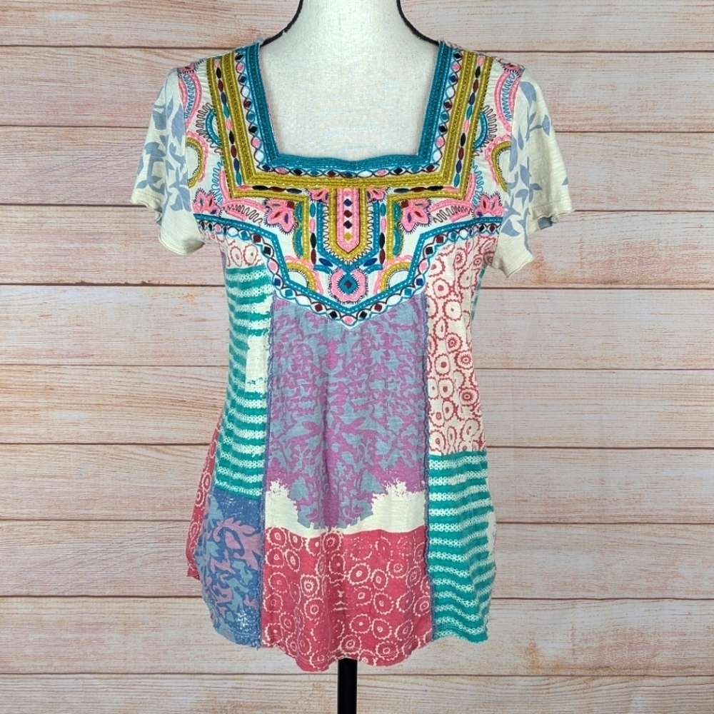 SUNDANCE Size XS Embroidered Bohemian Blouse Oversized Saphan Patchwork Cotton